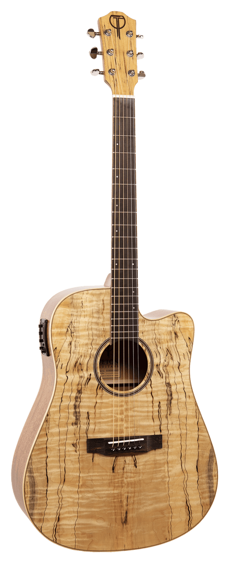 The image shows an acoustic-electric dreadnought guitar with a single cutaway body, featuring a natural spalted maple top with dark streaked grain. It has chrome tuning pegs, a darker wood neck with a rosewood fretboard, a traditional bridge with a bone or synthetic saddle, and a pickup system with controls on the upper bout. The guitar is designed for both unplugged and amplified playing, offering easy access to higher frets.
