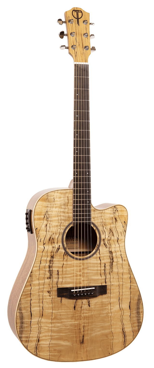 The image shows an acoustic-electric dreadnought guitar with a single cutaway body, featuring a natural spalted maple top with dark streaked grain. It has chrome tuning pegs, a darker wood neck with a rosewood fretboard, a traditional bridge with a bone or synthetic saddle, and a pickup system with controls on the upper bout. The guitar is designed for both unplugged and amplified playing, offering easy access to higher frets.