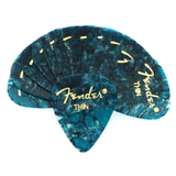 The image shows a fan of thin gauge Fender guitar picks with a marbled ocean blue and teal pattern resembling abalone. Each pick features the classic Fender logo and "THIN" in gold lettering. These picks are popular among guitarists for strumming and rhythm playing due to their light resistance and distinctive, high-quality design.