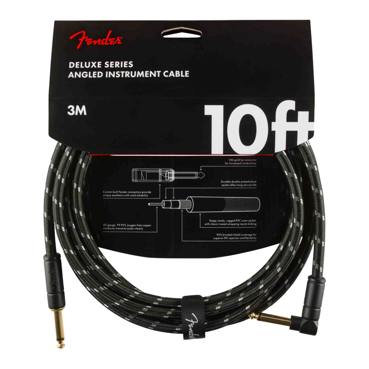 Fender Deluxe Series Tweed Instrument Cable - Straight/Angle - Black Tweed - 10FT