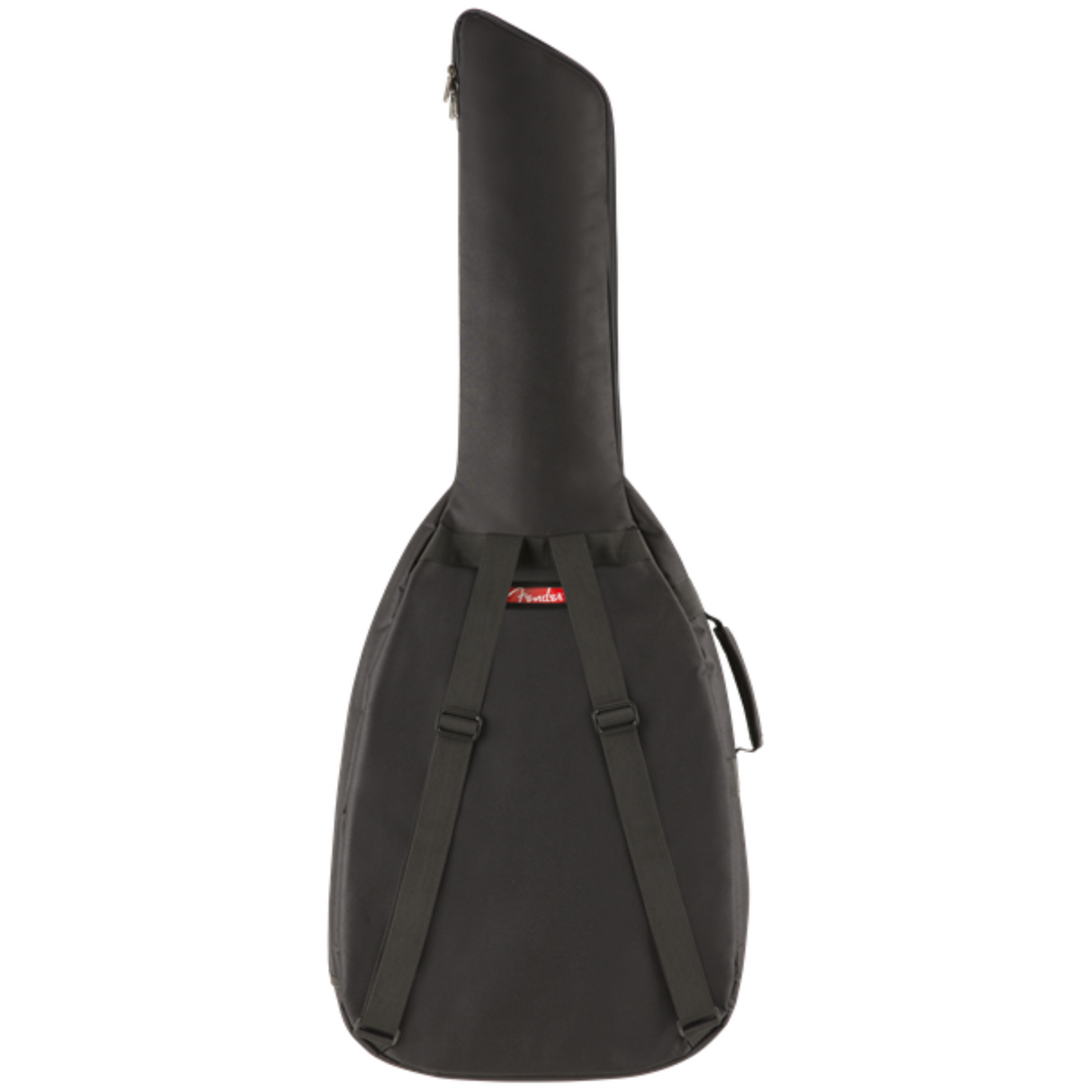 The image shows a black Fender guitar gig bag with a padded, guitar-shaped design. It features dual shoulder straps for backpack-style carrying, a top handle, a red Fender logo, zipper closure, and extra storage pockets. This lightweight soft case offers protection and convenience for transporting acoustic or electric guitars, favored by musicians who prefer flexibility over hard cases.