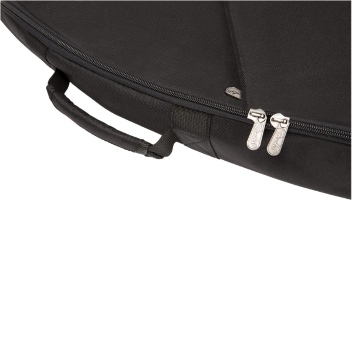 The image shows a black, durable fabric gig bag, likely for a guitar or bass. It features multiple metal-zippered compartments, a padded design for protection, and a carrying handle. The case includes external pockets for accessories and reflects professional construction, ideal for musicians needing portable, secure storage for their instrument and gear.