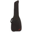 The image shows a black Fender guitar gig bag with a red logo at the bottom. It features padded fabric, a guitar-shaped profile, a side handle, and a zippered closure. The minimalist design offers lightweight, portable protection for electric or acoustic guitars, commonly used by musicians for transport to performances and rehearsals.