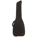The image shows a black Fender guitar gig bag with a red logo at the bottom. It features padded fabric, a guitar-shaped profile, a side handle, and a zippered closure. The minimalist design offers lightweight, portable protection for electric or acoustic guitars, commonly used by musicians for transport to performances and rehearsals.