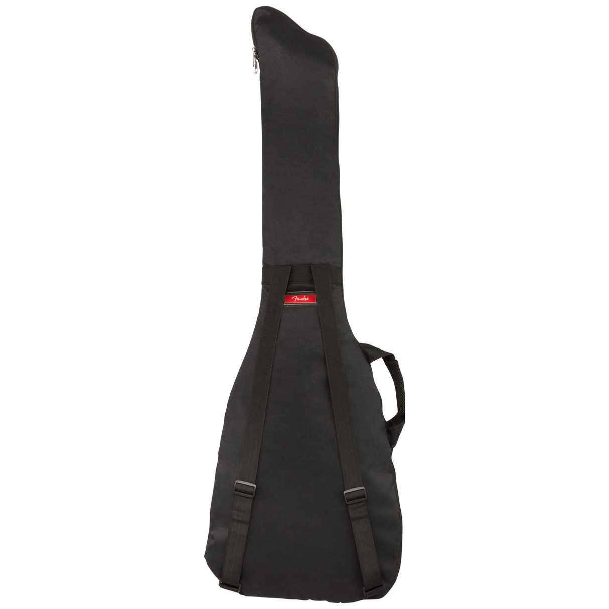 The image shows a black Fender gig bag designed for electric guitars. Made from durable fabric, it features the red Fender logo, dual shoulder straps for backpack carry, a side handle, full-length zipper, and padding to protect the instrument. This soft case offers a portable and convenient alternative to hard cases for transporting electric guitars.