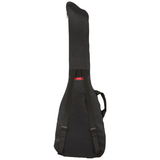 The image shows a black Fender gig bag designed for electric guitars. Made from durable fabric, it features the red Fender logo, dual shoulder straps for backpack carry, a side handle, full-length zipper, and padding to protect the instrument. This soft case offers a portable and convenient alternative to hard cases for transporting electric guitars.