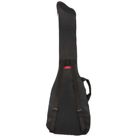 The image shows a black Fender gig bag designed for electric guitars. Made from durable fabric, it features the red Fender logo, dual shoulder straps for backpack carry, a side handle, full-length zipper, and padding to protect the instrument. This soft case offers a portable and convenient alternative to hard cases for transporting electric guitars.