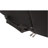 The image shows a close-up of a black guitar case or gig bag featuring a durable fabric exterior, dual metal zippers, padded lining, reinforced stitching, and mesh accessory pockets. It includes organizational straps and compartments for storing guitar-related items, highlighting its design for protecting and transporting acoustic or electric guitars. The professional construction suggests a mid to high-end case.
