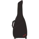 The image shows a black Fender guitar gig bag with a red Fender logo at the bottom. Made of durable fabric, it features padded protection, carrying handles, a shoulder strap, and a zippered closure. Designed to fit electric or acoustic guitars, it offers lightweight, portable protection in a classic silhouette. Fender is a well-known brand for guitars and accessories.