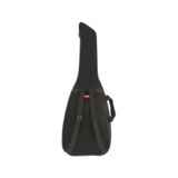 The image shows a black padded guitar gig bag made of durable fabric. It features backpack-style straps, a top handle, a small red logo, and front pockets for accessories. The case follows the classic tapered guitar shape and offers lightweight, portable protection against bumps and scratches, ideal for transporting guitars to gigs, lessons, or practice.