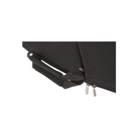 The image shows a black, wedge-shaped soft gig bag designed for carrying keyboards or digital pianos. It features a sleek exterior, multiple zippers, reinforced edges with padding, and a handle for easy transport. This lightweight, protective case is ideal for musicians needing a portable, convenient way to carry their keyboard to gigs, rehearsals, or lessons.