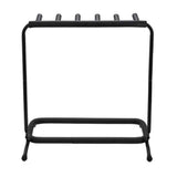 The image shows a black metal multi-guitar stand with an A-frame design, featuring six padded neck supports to hold up to six guitars securely. It has rubber-padded contact points to protect instruments from scratches, rubber feet for floor protection, and appears foldable for easy storage and transport. Ideal for musicians, teachers, and stores to organize and display multiple guitars.