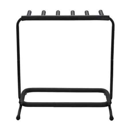 The image shows a black metal multi-guitar stand with an A-frame design, featuring six padded neck supports to hold up to six guitars securely. It has rubber-padded contact points to protect instruments from scratches, rubber feet for floor protection, and appears foldable for easy storage and transport. Ideal for musicians, teachers, and stores to organize and display multiple guitars.