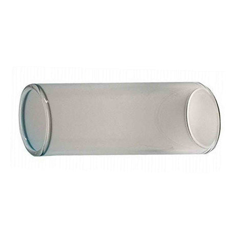 The image shows a clear glass guitar slide, a cylindrical tube worn on a finger to glide along guitar strings. Used in blues, country, and rock, glass slides create a bright, smooth tone with good sustain and volume. This slide's thick walls help reduce string noise while enhancing tone quality, making it a popular choice over metal or ceramic alternatives.