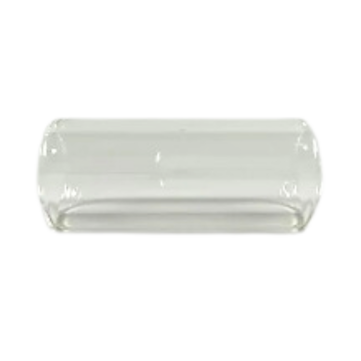 The image shows a clear glass guitar slide, a cylindrical tube worn on the finger to play slide guitar. It glides smoothly along the strings on the fretboard, creating bright, sustained tones favored in blues, country, and rock music. Glass slides are prized for their smooth surface and excellent resonance, helping guitarists achieve the classic slide sound popularized by artists like Duane Allman and Bonnie Raitt.