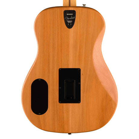 Close up of the back body of a Fender Highway Series Solid Spruce Top Dreadnought acoustic-electric guitar.