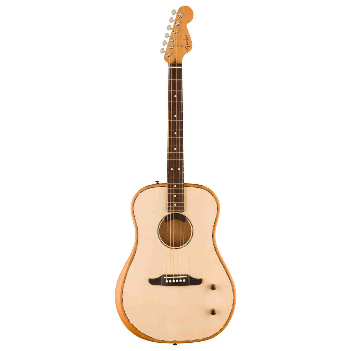 Front view of a Fender Highway Series Dreadnought acoustic electric guitar with a light colored  Solid Spruce Top. 
