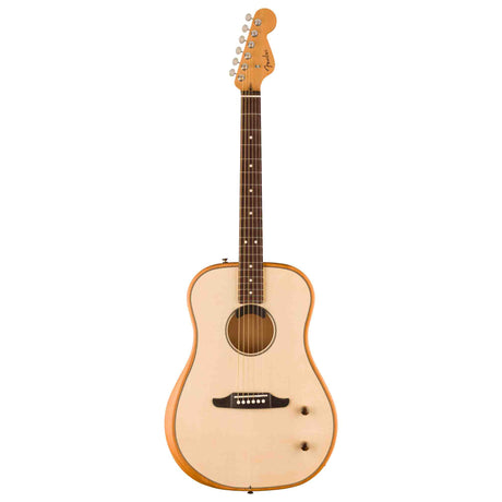 Front view of a Fender Highway Series Dreadnought acoustic electric guitar with a light colored  Solid Spruce Top. 