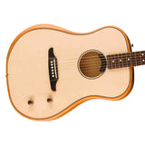 Close up view of the front body of a  Fender Highway Series Dreadnought acoustic electric guitar with a light colored  Solid Spruce Top.