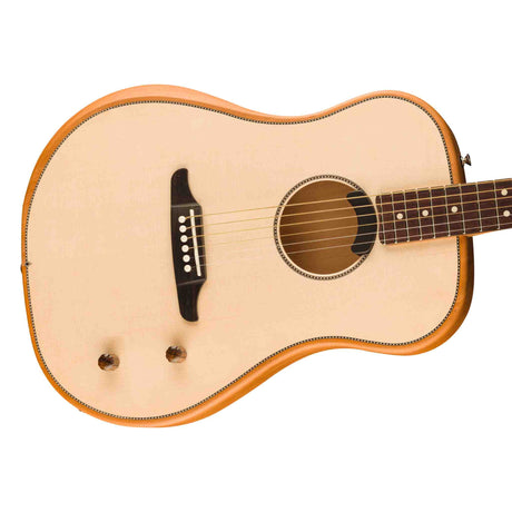 Close up view of the front body of a  Fender Highway Series Dreadnought acoustic electric guitar with a light colored  Solid Spruce Top.
