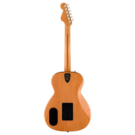 The back of a  Fender Highway Series Parlor acoustic electric all mahogany guitar. 