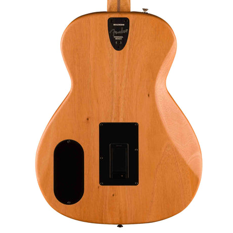Close up of the back of a  Fender Highway Series Parlor acoustic electric all mahogany guitar. It has black back plates and a fender logo. 