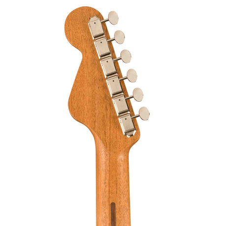 Back view of the headstock of a  Fender Highway Series Parlor acoustic electric all mahogany guitar. 