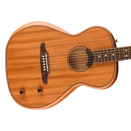 Close up of the body of a  Fender Highway Series Parlor acoustic electric all mahogany guitar.  It has two black knobs for tone and volume adjustments.
