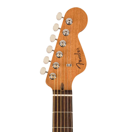 Front view of the headstock of a  Fender Highway Series Parlor acoustic electric all mahogany guitar. 