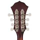 Close-up of the back of a fender PM-180E Mandolin headstock with tuning pegs on a white background