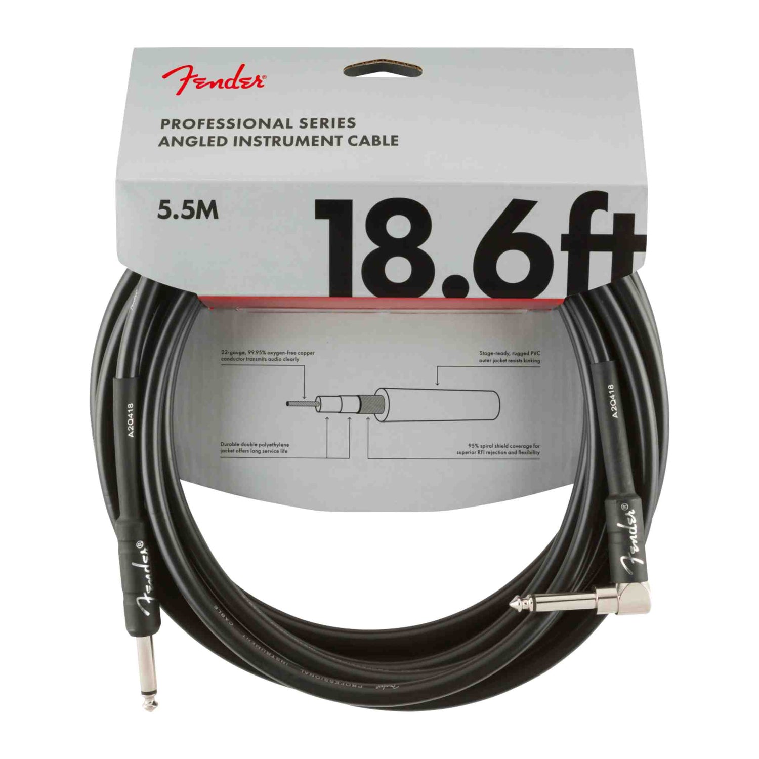Fender Professional Series Instrument Cable - Straight/Angle - Black - 18.6FT