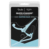 The image shows a packaged Fender Kyser Quick-Change Electric Guitar Capo in Daphne Blue. The packaging features Fender and Kyser logos, the product name, and highlights the classic Daphne Blue color. The capo is light blue with a spring-loaded design for quick, one-handed clamping. It’s a guitar accessory used to raise string pitch by clamping across the fretboard.