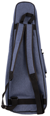 The image shows a soft-sided, blue-gray denim or canvas gig bag for a guitar, mandolin, or similar stringed instrument. It features black trim, reinforcement straps, and multiple black nylon backpack-style shoulder straps plus carrying handles. Designed for hands-free transport, it offers lightweight, portable protection ideal for traveling musicians who need mobility and convenience.