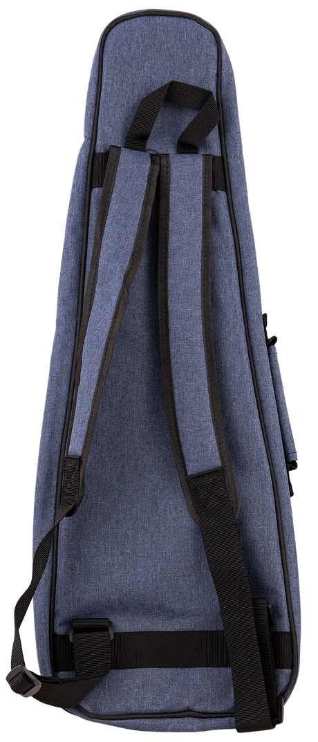 The image shows a soft-sided, blue-gray denim or canvas gig bag for a guitar, mandolin, or similar stringed instrument. It features black trim, reinforcement straps, and multiple black nylon backpack-style shoulder straps plus carrying handles. Designed for hands-free transport, it offers lightweight, portable protection ideal for traveling musicians who need mobility and convenience.
