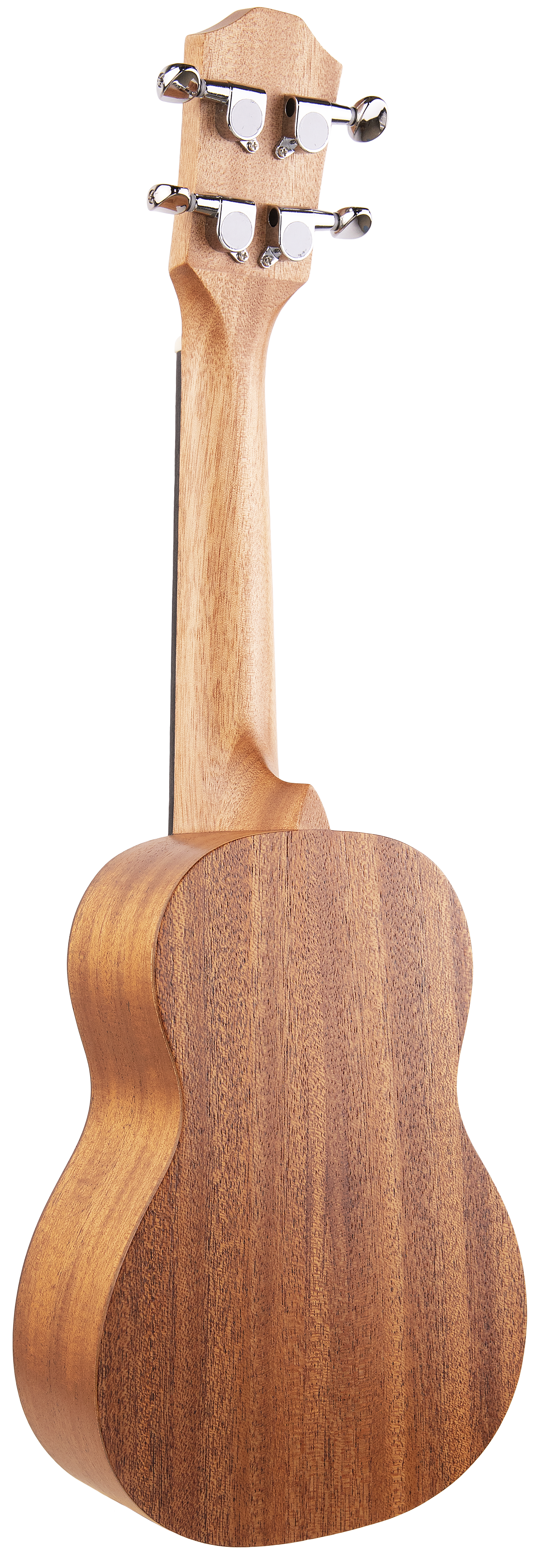 The image shows the back of a wooden ukulele with a neck and metal tuning pegs on the headstock. The ukulele is a small, four-stringed instrument commonly used in Hawaiian music.