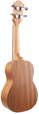 The image shows the back of a wooden ukulele with a neck and metal tuning pegs on the headstock. The ukulele is a small, four-stringed instrument commonly used in Hawaiian music.
