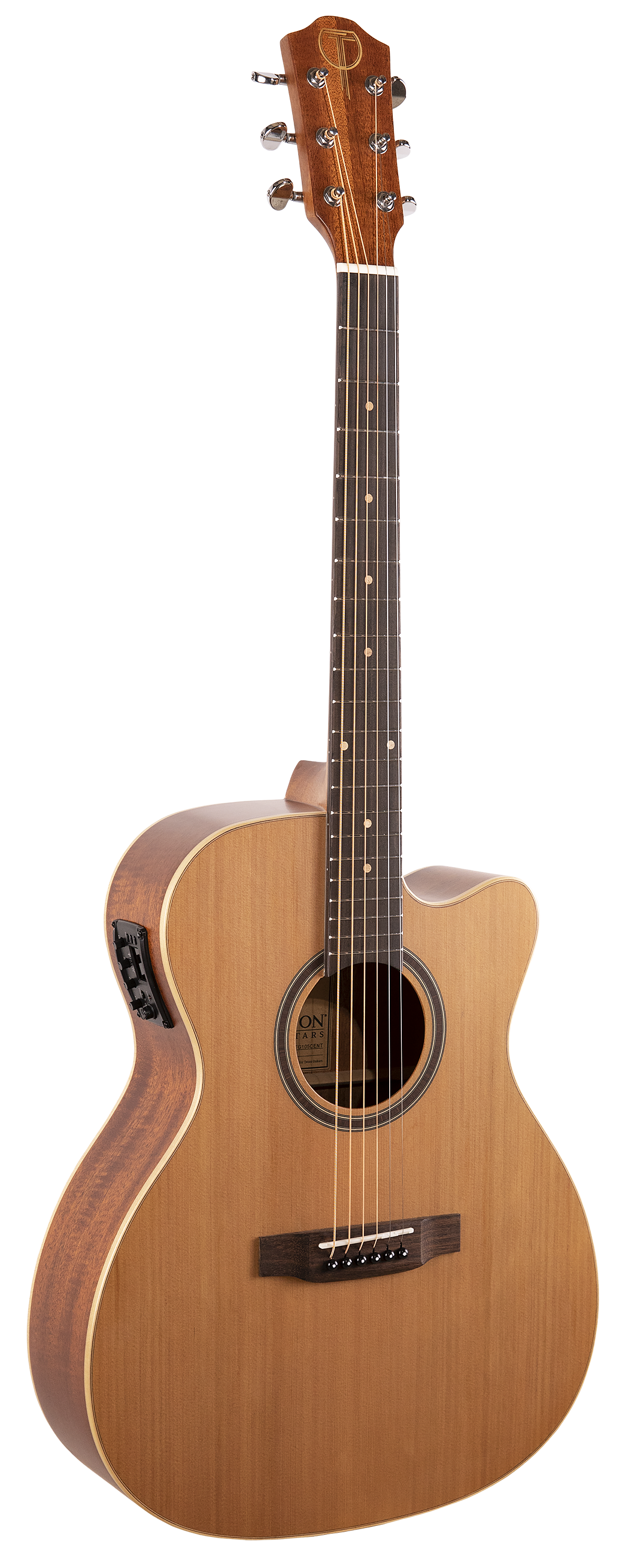 The image shows an acoustic-electric cutaway guitar with a natural light wood top and darker back and sides. It features built-in electronics with a side preamp, chrome tuning pegs, a dark wood bridge, a round sound hole with a decorative rosette, and a dark fretboard with position markers. The headstock displays a logo or inlay. This guitar suits players needing both acoustic tone and amplification.