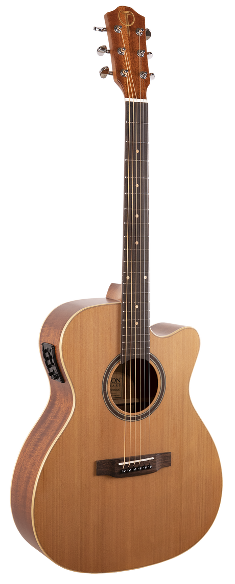 The image shows an acoustic-electric cutaway guitar with a natural light wood top and darker back and sides. It features built-in electronics with a side preamp, chrome tuning pegs, a dark wood bridge, a round sound hole with a decorative rosette, and a dark fretboard with position markers. The headstock displays a logo or inlay. This guitar suits players needing both acoustic tone and amplification.
