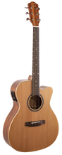 The image shows an acoustic-electric cutaway guitar with a natural light wood top and darker back and sides. It features built-in electronics with a side preamp, chrome tuning pegs, a dark wood bridge, a round sound hole with a decorative rosette, and a dark fretboard with position markers. The headstock displays a logo or inlay. This guitar suits players needing both acoustic tone and amplification.