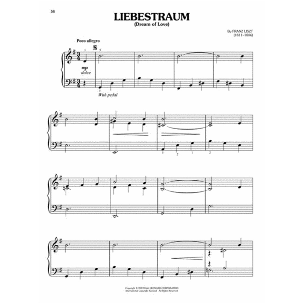 The image shows a page of sheet music for "Liebestraum" (Dream of Love) by Franz Liszt (1811-1886), featuring piano notation on grand staff with treble and bass clefs. It includes the title, tempo "Poco allegro," time signature 2/4, dynamic marking "mp dolce," and pedal instruction. The page number is 56, with four systems of music showing Romantic-era elements and professional typesetting, suggesting a published collection.