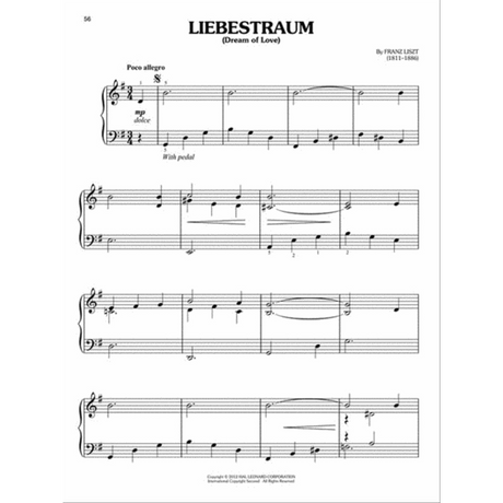 The image shows a page of sheet music for "Liebestraum" (Dream of Love) by Franz Liszt (1811-1886), featuring piano notation on grand staff with treble and bass clefs. It includes the title, tempo "Poco allegro," time signature 2/4, dynamic marking "mp dolce," and pedal instruction. The page number is 56, with four systems of music showing Romantic-era elements and professional typesetting, suggesting a published collection.