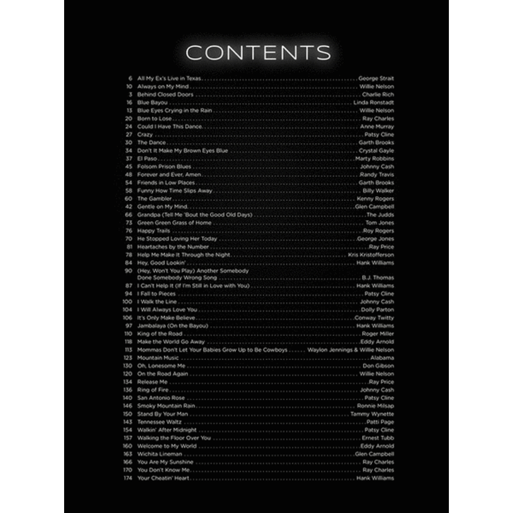 The image shows a table of contents from a music songbook, listing songs numbered 4 to 174 with their artists. It features classic country, folk, and popular songs by legends like George Strait, Willie Nelson, Johnny Cash, Ray Charles, Patsy Cline, Hank Williams, and others. This collection serves as sheet music for musicians learning and performing these iconic tracks.