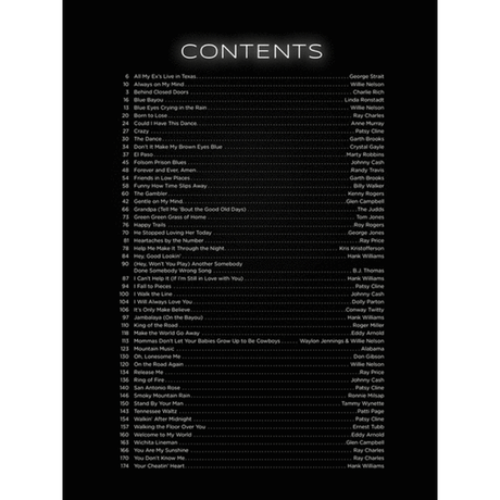 The image shows a table of contents from a music songbook, listing songs numbered 4 to 174 with their artists. It features classic country, folk, and popular songs by legends like George Strait, Willie Nelson, Johnny Cash, Ray Charles, Patsy Cline, Hank Williams, and others. This collection serves as sheet music for musicians learning and performing these iconic tracks.
