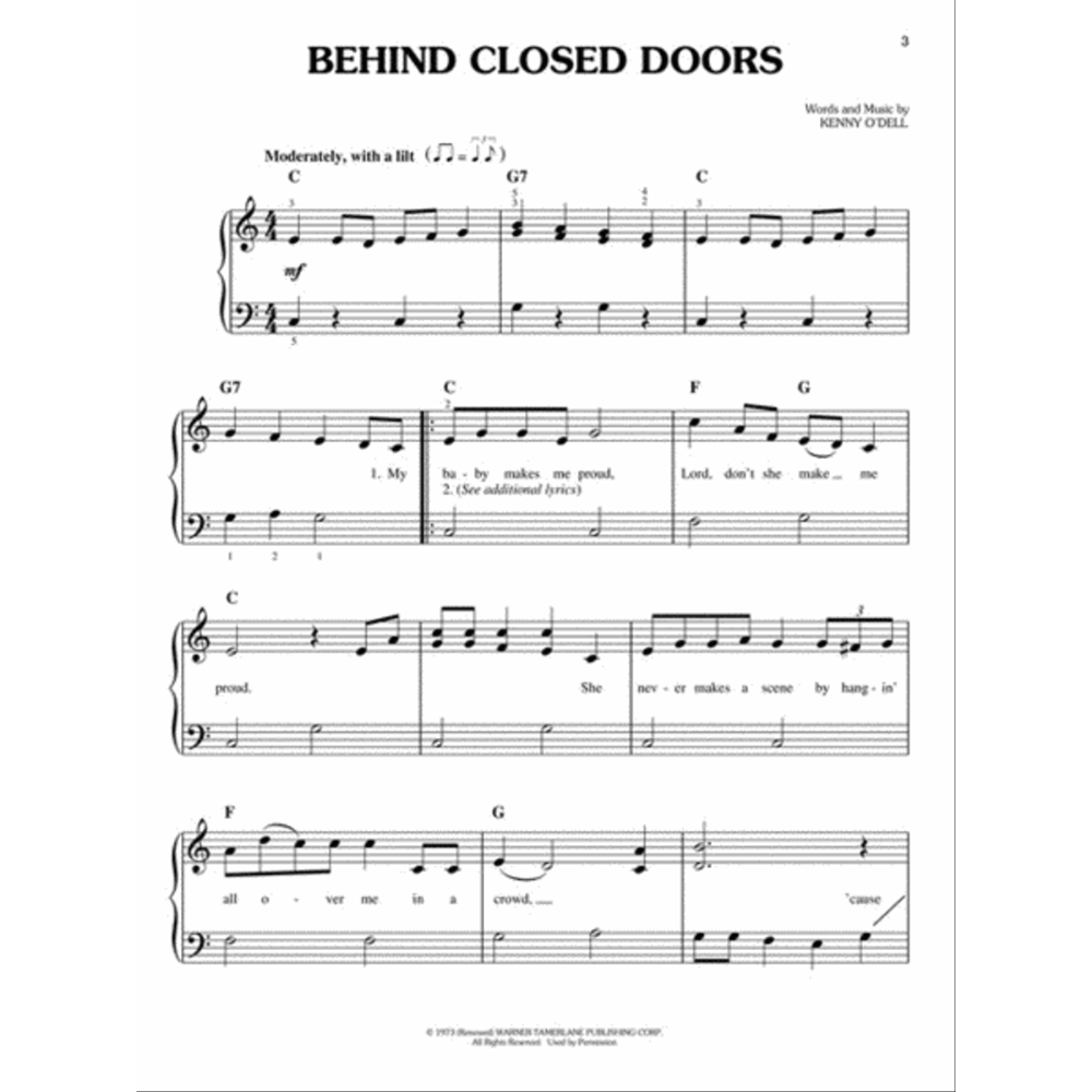 The image shows sheet music for "Behind Closed Doors" by Kenny O'Dell, a piano/vocal arrangement in 4/4 time with the tempo "Moderately, with a lilt." It features melody and lyrics in the treble clef, piano accompaniment in the bass clef, chord symbols (C, G7, F, G) above the staff, and partial lyrics. This is page 3, published by Wonderland Music/ATV Music, with a clear, professional layout.