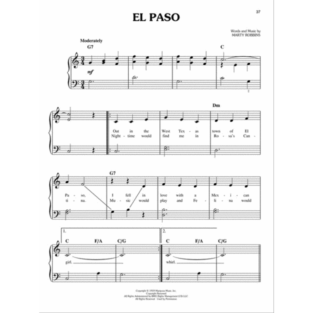 The image shows a page of sheet music for "El Paso" by Marty Robbins, featuring a piano/vocal arrangement in 3/4 time, marked "Moderately," with treble and bass clefs, melody, piano accompaniment, chord symbols (G7, C, Dm, F/A, C/G), and dynamic "mf." It includes multiple verses with lyrics referencing West Texas and a Mexican girl, numbered repeat endings, and is labeled page 37 of a songbook.
