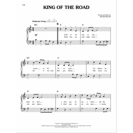 The image shows sheet music for "King of the Road" by Roger Miller on page 110. It features the title, credit to Roger Miller, treble and bass clefs with piano accompaniment, a "Moderate Swing" tempo marking, chord symbols (C, F, G7, G), and lyrics beneath the notes including "Trailer for sale or rent." The professionally printed page includes melody, lyrics, and copyright details at the bottom.