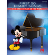 The image shows the cover of a piano music book titled "First 50 Disney Songs You Should Play on the Piano," published by Hal Leonard. It features a black grand piano with Mickey Mouse leaning against it, set against a blue gradient background. Marked "Easy Piano," the cover highlights it's a simply arranged collection of popular Disney songs for beginners and includes the Hal Leonard logo at the bottom.