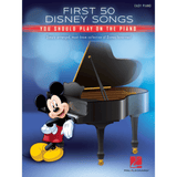 The image shows the cover of a piano music book titled "First 50 Disney Songs You Should Play on the Piano," published by Hal Leonard. It features a black grand piano with Mickey Mouse leaning against it, set against a blue gradient background. Marked "Easy Piano," the cover highlights it's a simply arranged collection of popular Disney songs for beginners and includes the Hal Leonard logo at the bottom.