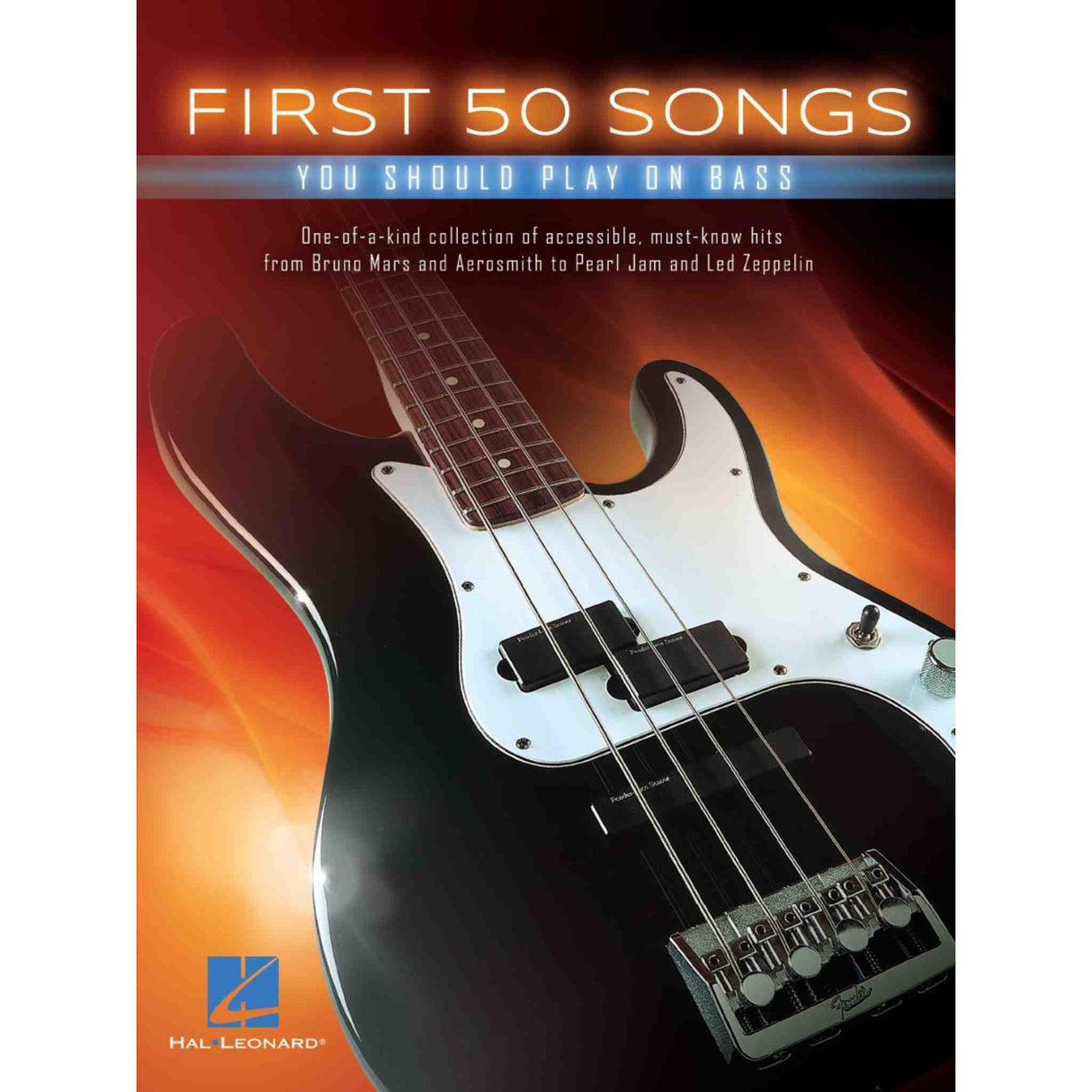 Book cover of 'First 50 Songs You Should Play on Bass' with a bass guitar on an orange and red background.