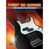 Book cover of 'First 50 Songs You Should Play on Bass' with a bass guitar on an orange and red background.